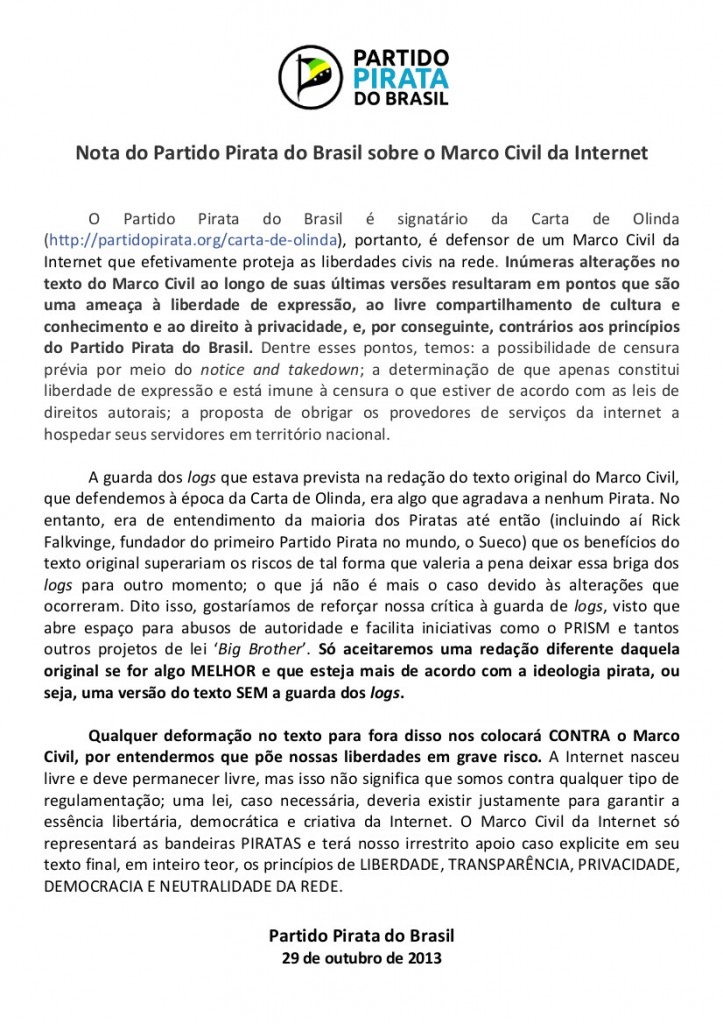 Nota do Partido Pirata do Brasil sobre o Marco Civil da Internet